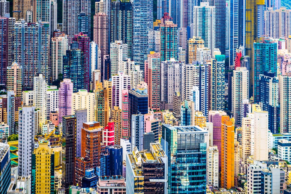 Hong Kong, China dense cityscape of office buildings. Hong Kong, China dense cityscape of office buildings.